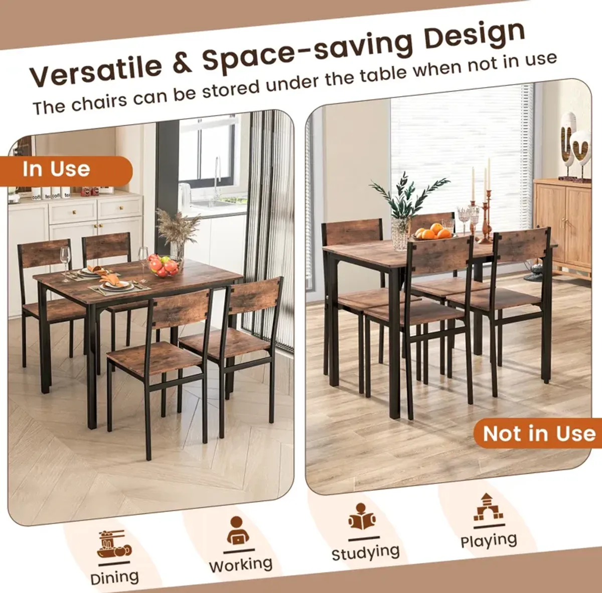 5 Piece Dining Table Set Industrial Style Kitchen Table and Chairs for 4-Rustic Brown