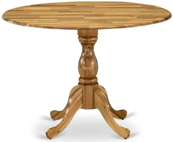 East West Furniture Round Modern Dining Table Natural Acacia Color Table Top Surface and Asian Wood Modern Dining Table Pedestal Legs -Natural Acacia Finish