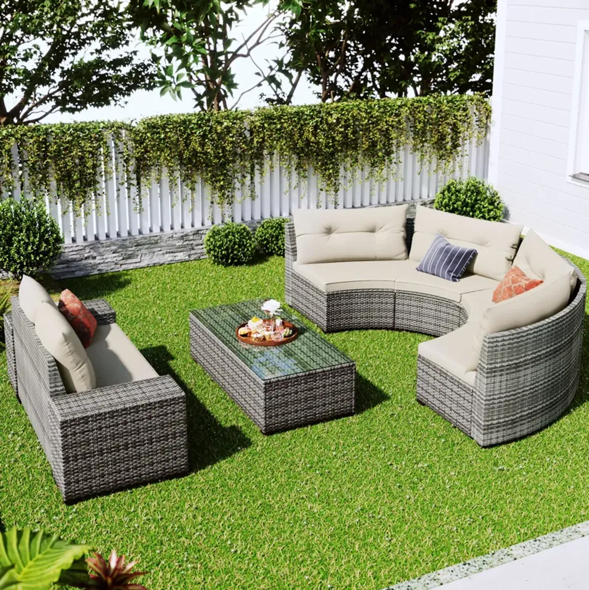 Merax 8-pieces Outdoor Wicker Round Sofa Set，Curved Sofa Set With Rectangular Coffee Table