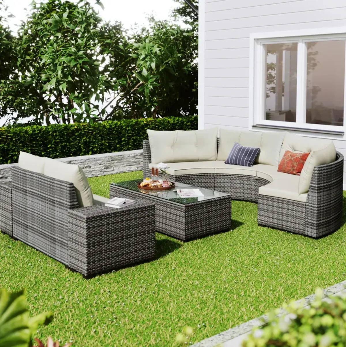 Merax 8-pieces Outdoor Wicker Round Sofa Set，Curved Sofa Set With Rectangular Coffee Table