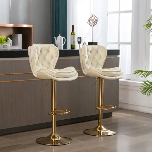 Set of 2 Bar Stools, with Chrome Footrest and Base Swivel Height Adjustable Mechanical Lifting Velvet + Golden Leg Simple Bar Stool-cream