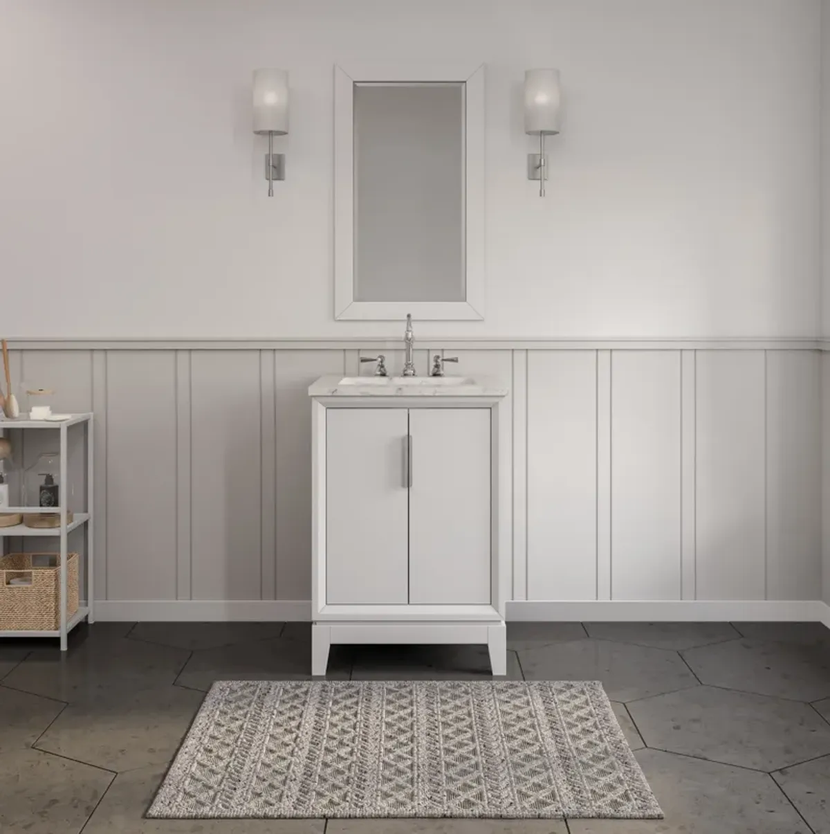 Elizabeth 24 In. Single Sink Carrara White Marble Countertop Bath Vanity In Pure White with Brushed Silver Hardware