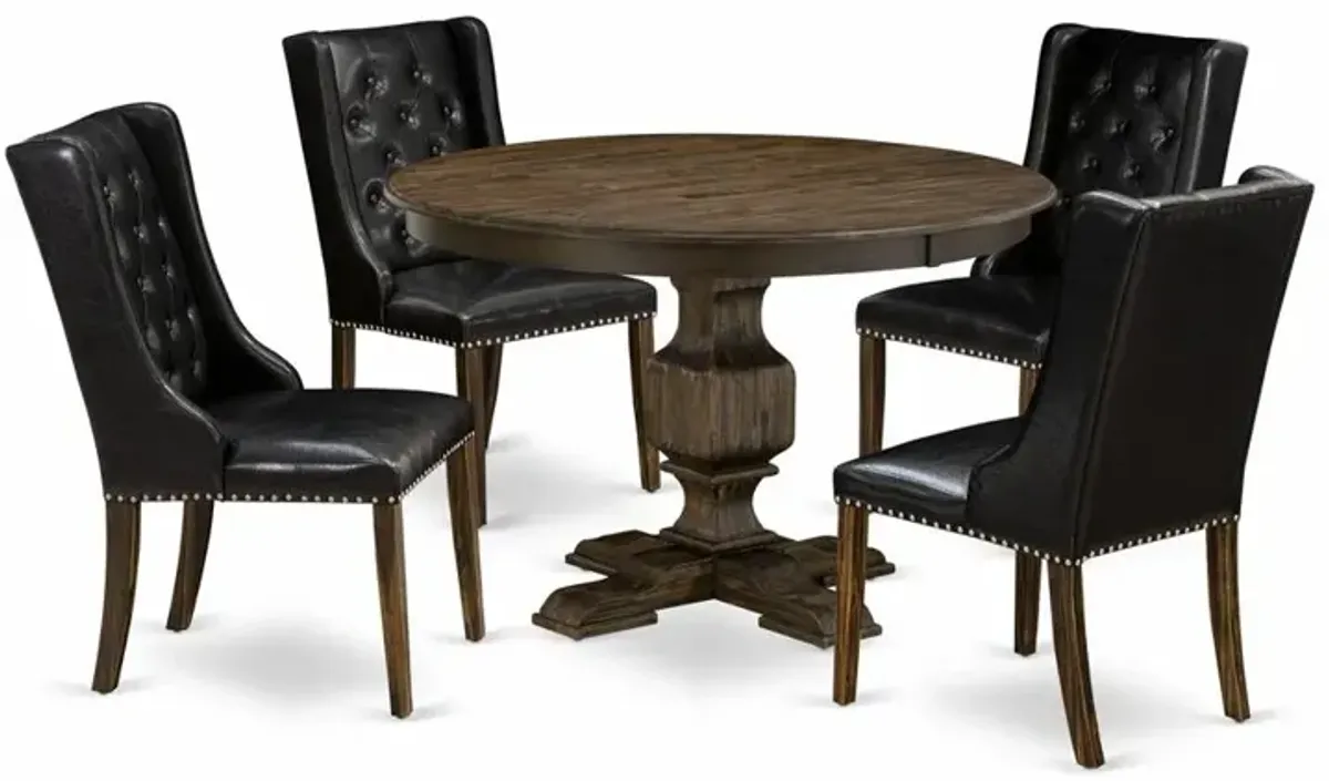 East West Furniture 5 Piece Dinner Table Set Consists of a Wooden Dining Table and 4 Black PU Leather Mid Century Dining Chairs with Button Tufted Back - Distressed Jacobean Finish