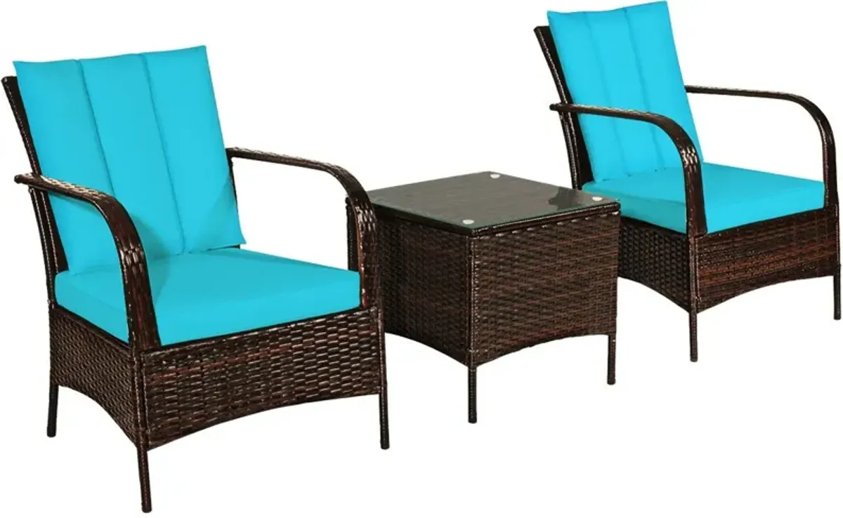 3 Pcs Patio Conversation Rattan Furniture Set with Glass Top Coffee Table and Cushions