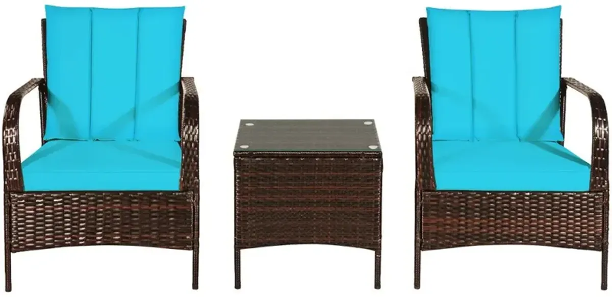 3 Pcs Patio Conversation Rattan Furniture Set with Glass Top Coffee Table and Cushions