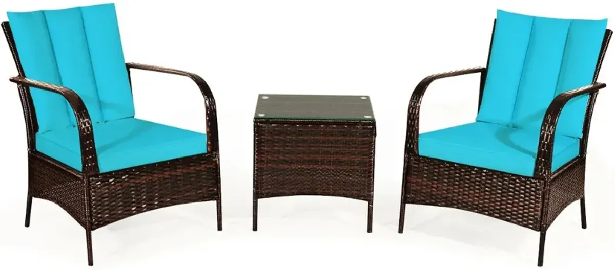 3 Pcs Patio Conversation Rattan Furniture Set with Glass Top Coffee Table and Cushions