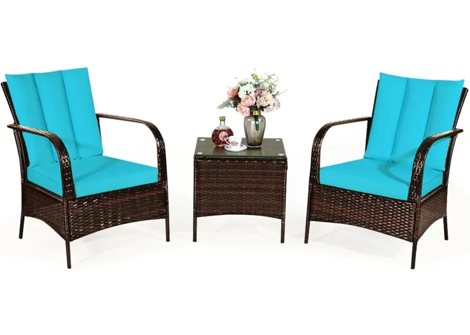 3 Pcs Patio Conversation Rattan Furniture Set with Glass Top Coffee Table and Cushions