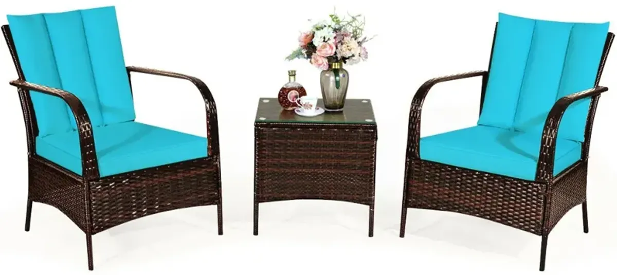 3 Pcs Patio Conversation Rattan Furniture Set with Glass Top Coffee Table and Cushions