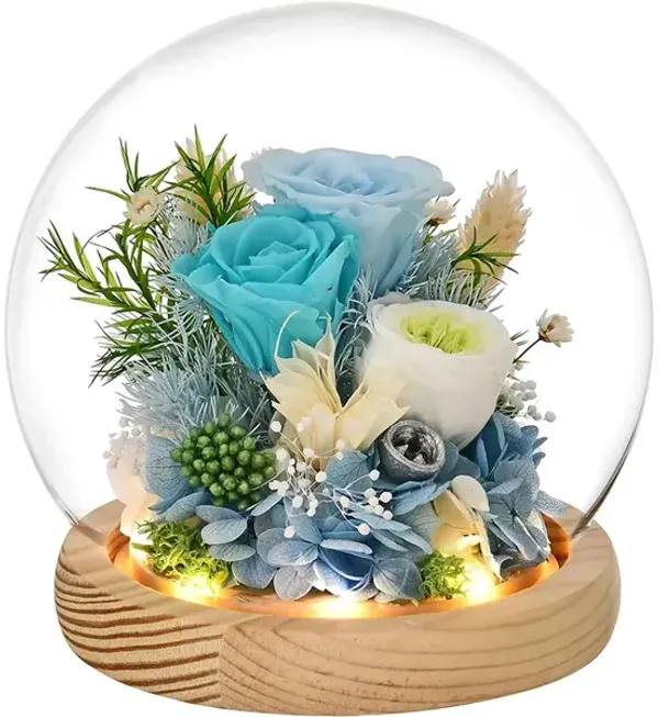 Blue Rose in Glass Dome with LED Light,Gifts for Women