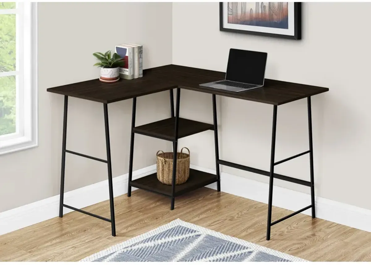 Monarch Specialties I 7590 Computer Desk, Home Office, Corner, Storage Shelves, 48"L, L Shape, Work, Laptop, Metal, Laminate, Brown, Black, Contemporary, Modern