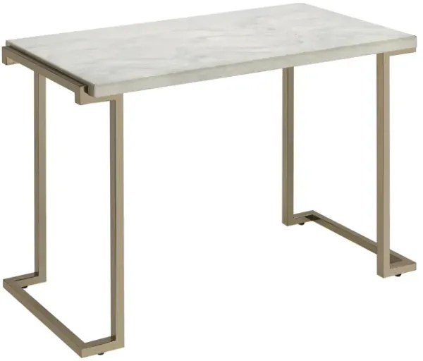Contemporary Metal Frame Sofa Table with Faux Marble Top ,White and Gold-Benzara