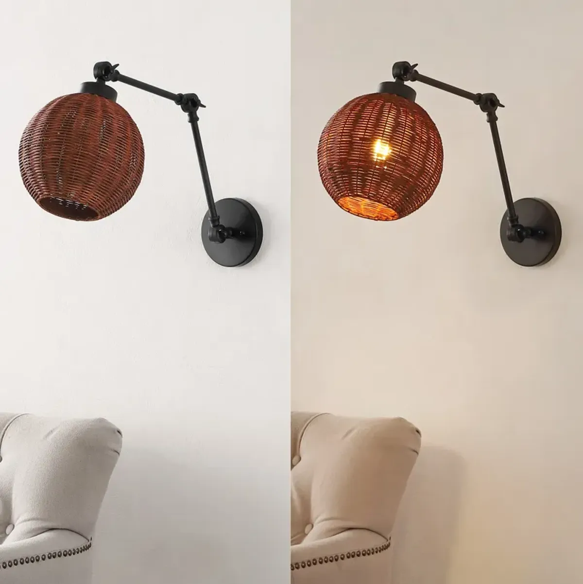 Lyla 1-Light Mid-Century Vintage Rattan Globe Swing Arm LED Sconce