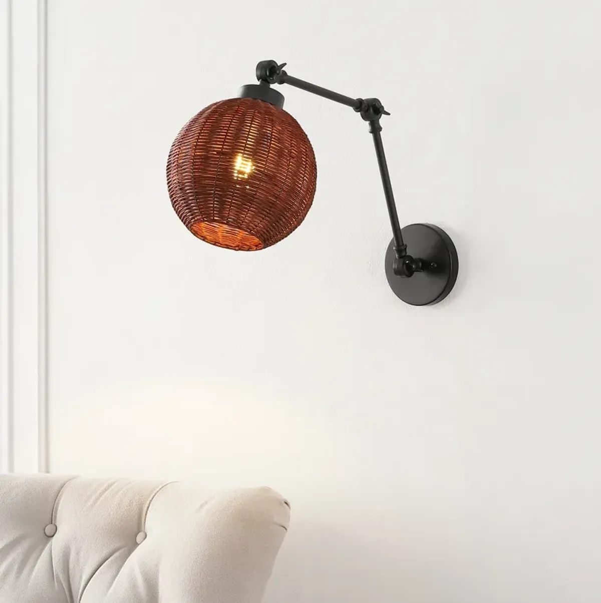 Lyla 1-Light Mid-Century Vintage Rattan Globe Swing Arm LED Sconce