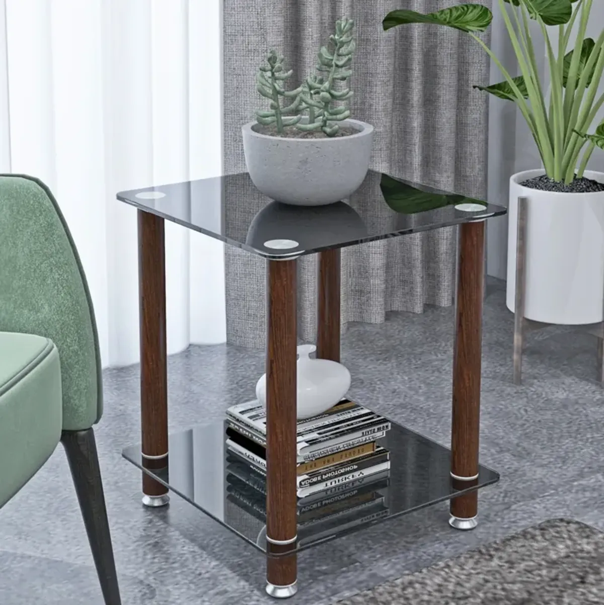 1-Piece + Walnut Side Table, 2-Tier Space End Table, Modern Night Stand, Sofa Table