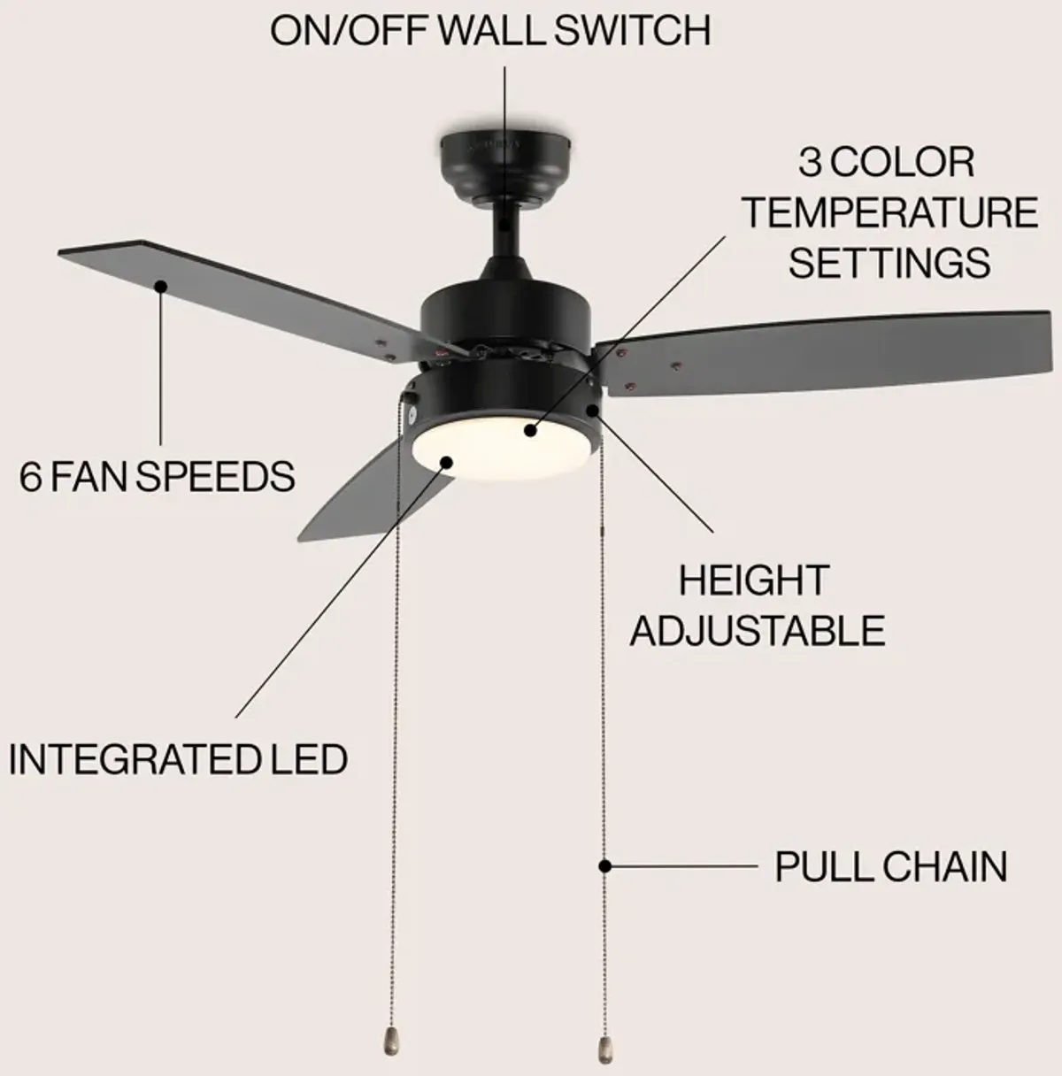 Blair 1-Light Modern Minimalist 3-Speed Iron Height Adjustable Integrated LED Ceiling Fan with Pull Chains