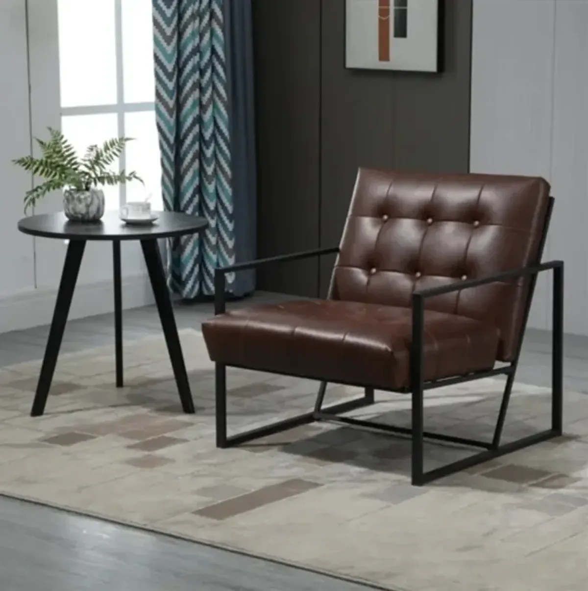 Tufted Faux Leather Chair – Retro-Inspired Accent Chair with Metal Frame for Home or Office