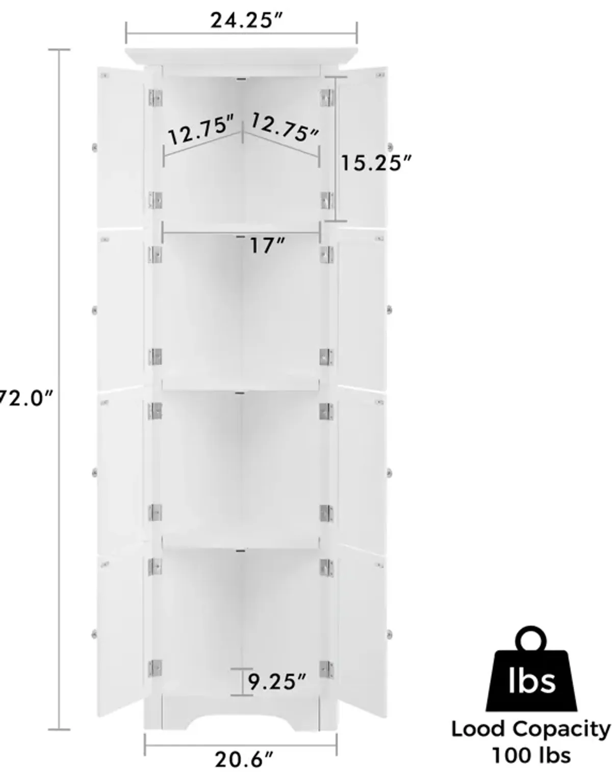 Tall Storage Cabinet With Doors and 4 Shelves, White