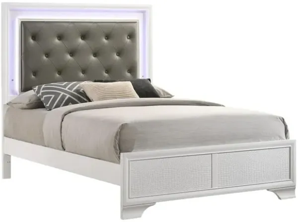 Benjara Lise Full Size Bed, Fabric Upholstery, LED Lit, Modern Wood, White and Gray