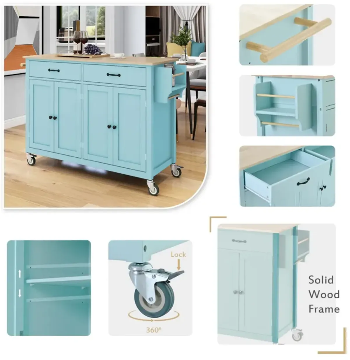 Kitchen Island Cart with Cabinet and Drawers - Mint Green