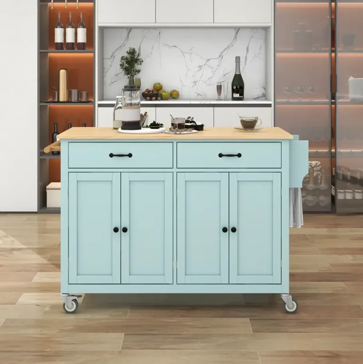 Kitchen Island Cart with Cabinet and Drawers - Mint Green