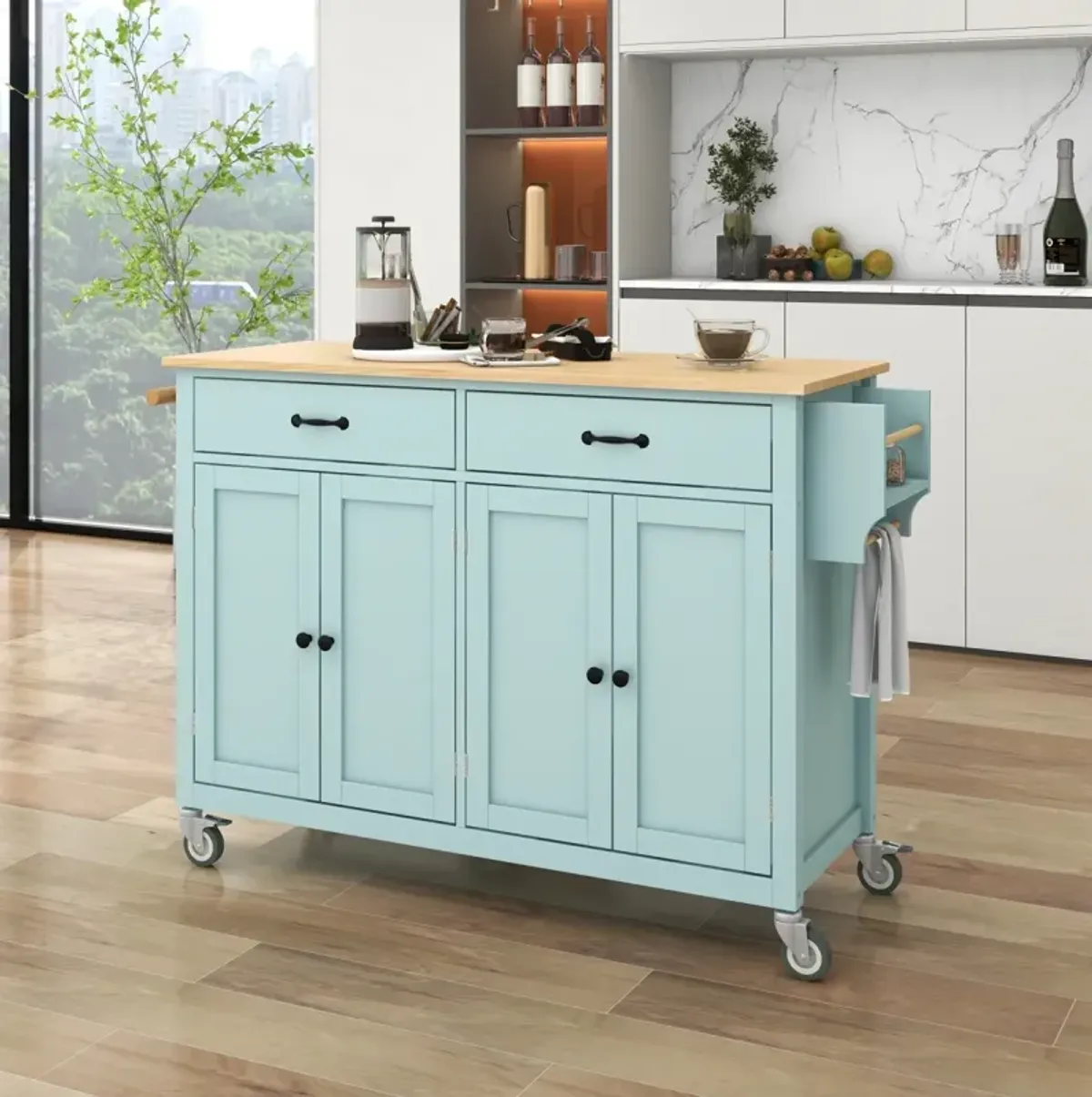 Kitchen Island Cart with Cabinet and Drawers - Mint Green