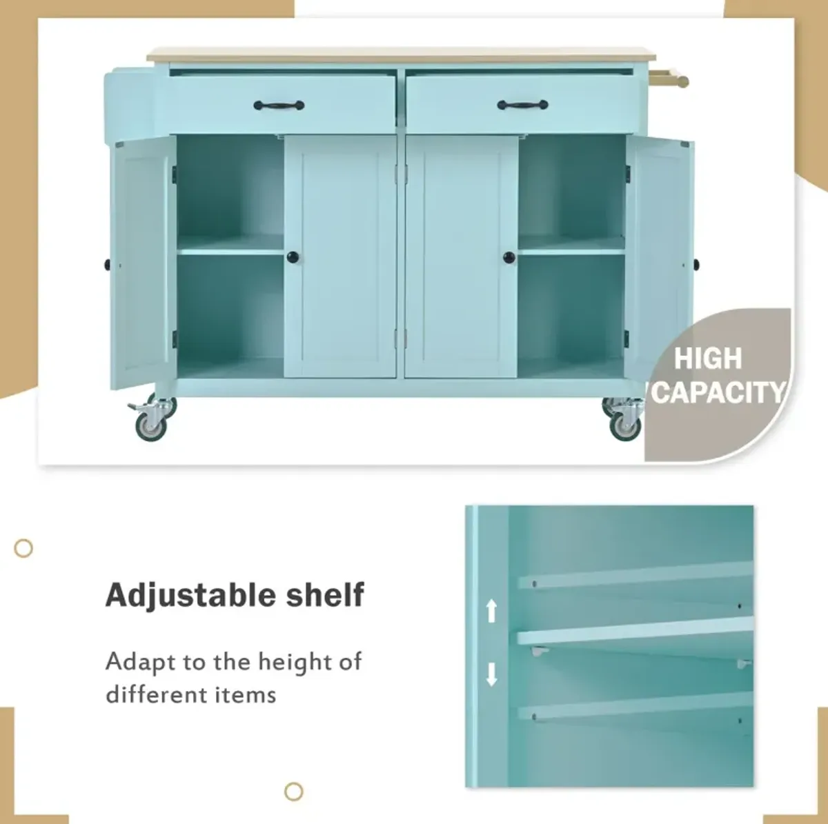 Kitchen Island Cart with Cabinet and Drawers - Mint Green