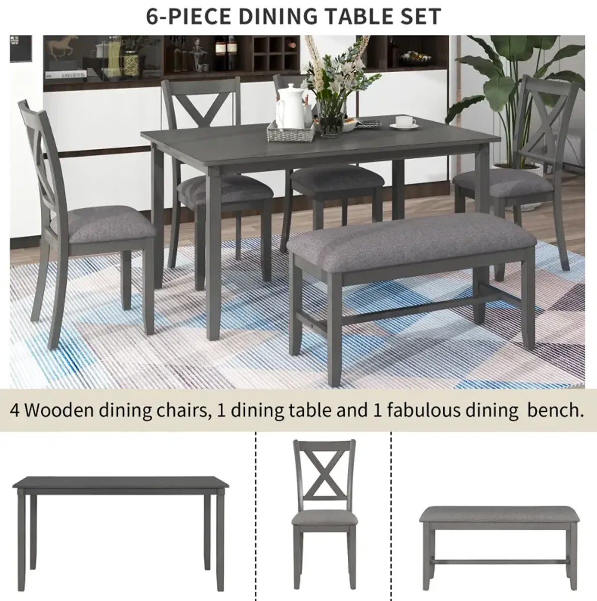 6-Piece Kitchen Dining Table Set Wooden Rectangular Dining Table, 4 Fabric Chairs and Bench Family Furniture