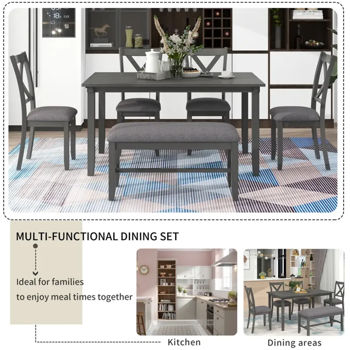 6-Piece Kitchen Dining Table Set Wooden Rectangular Dining Table, 4 Fabric Chairs and Bench Family Furniture