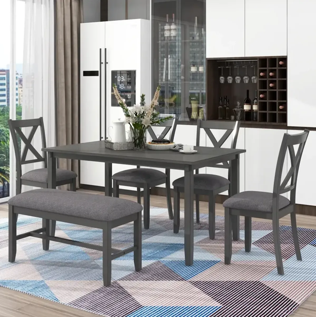 6-Piece Kitchen Dining Table Set Wooden Rectangular Dining Table, 4 Fabric Chairs and Bench Family Furniture