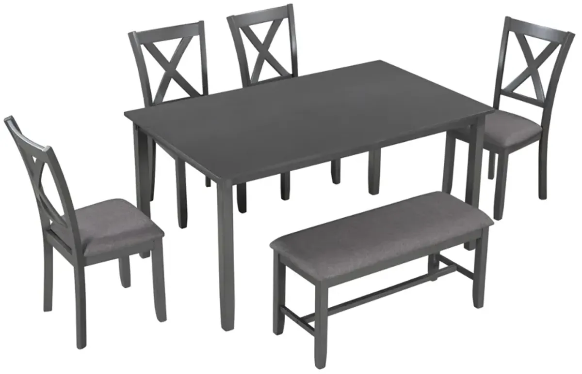 6-Piece Kitchen Dining Table Set Wooden Rectangular Dining Table, 4 Fabric Chairs and Bench Family Furniture