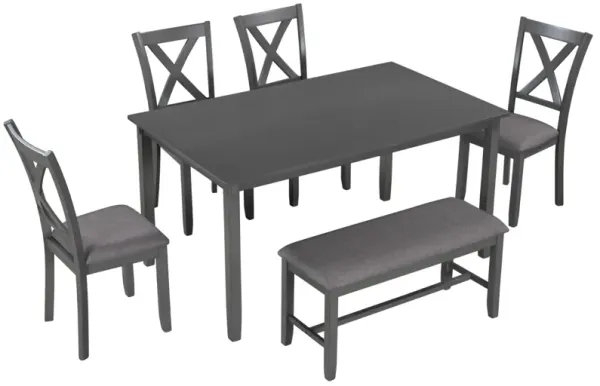 6-Piece Kitchen Dining Table Set Wooden Rectangular Dining Table, 4 Fabric Chairs and Bench Family Furniture