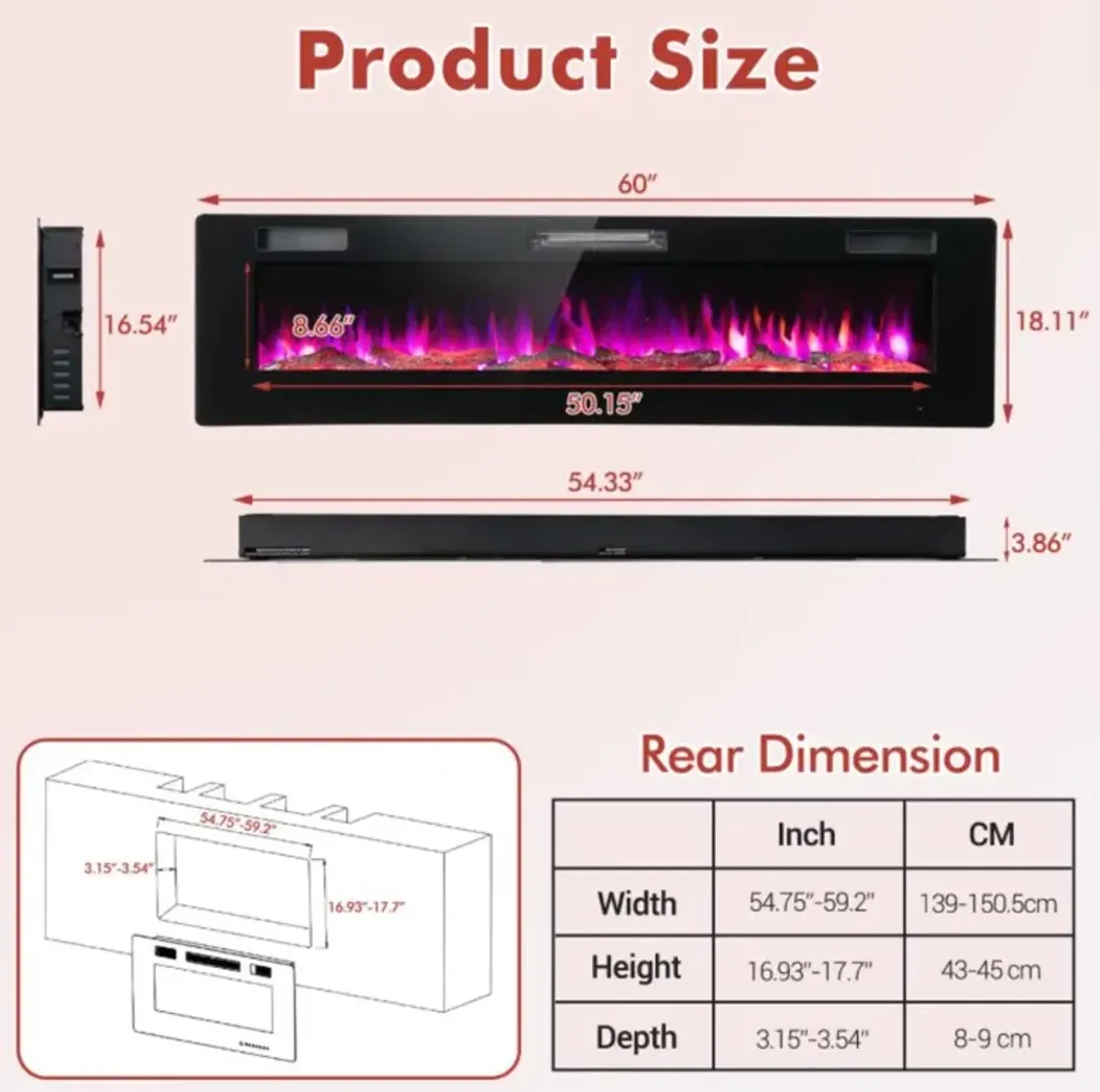 Hivvago 60 Inches Ultra-thin Electric Fireplace with Remote Control and Timer Function