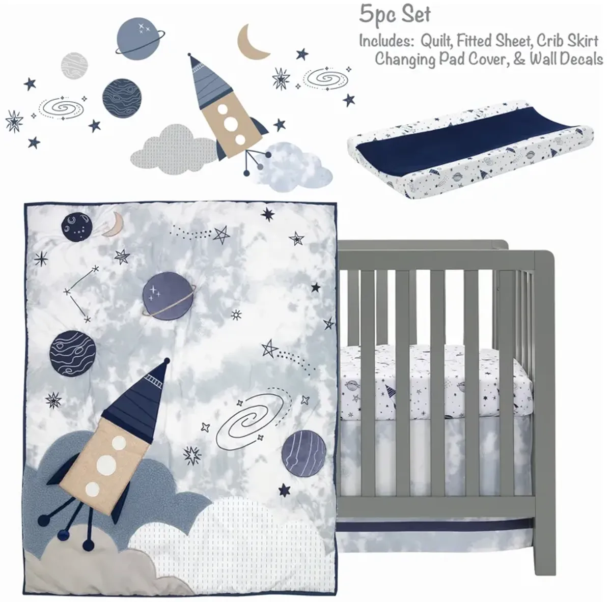 Lambs & Ivy Sky Rocket 5-Piece Blue Galaxy/Space Nursery Baby Crib Bedding Set