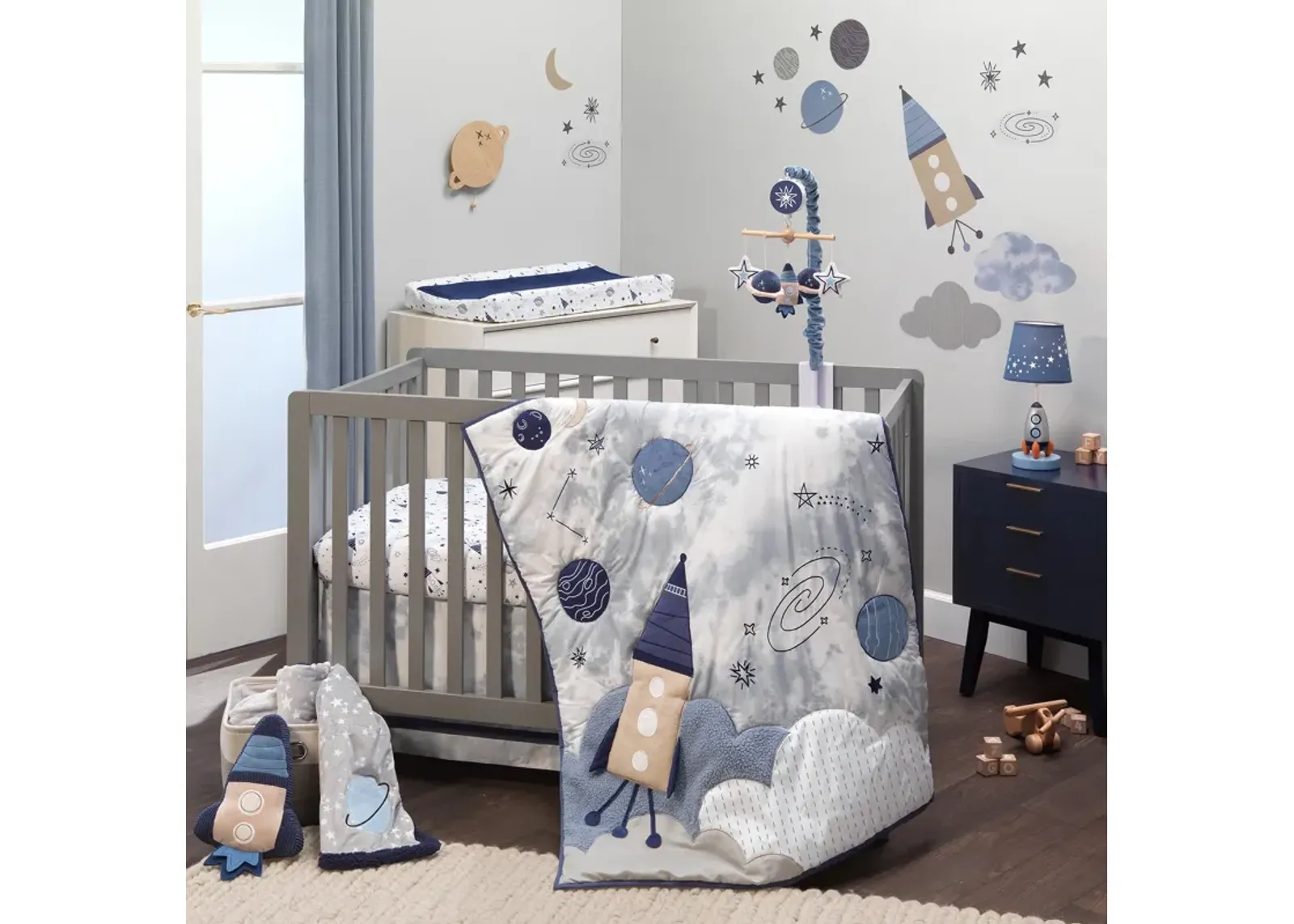 Lambs & Ivy Sky Rocket 5-Piece Blue Galaxy/Space Nursery Baby Crib Bedding Set