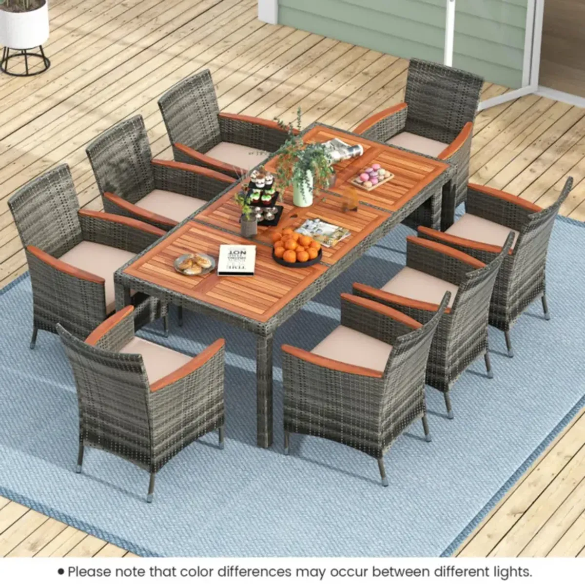 Hivvago 9 Pieces Rattan Patio Dining Set with Acacia Wood Table and Cushioned Chair