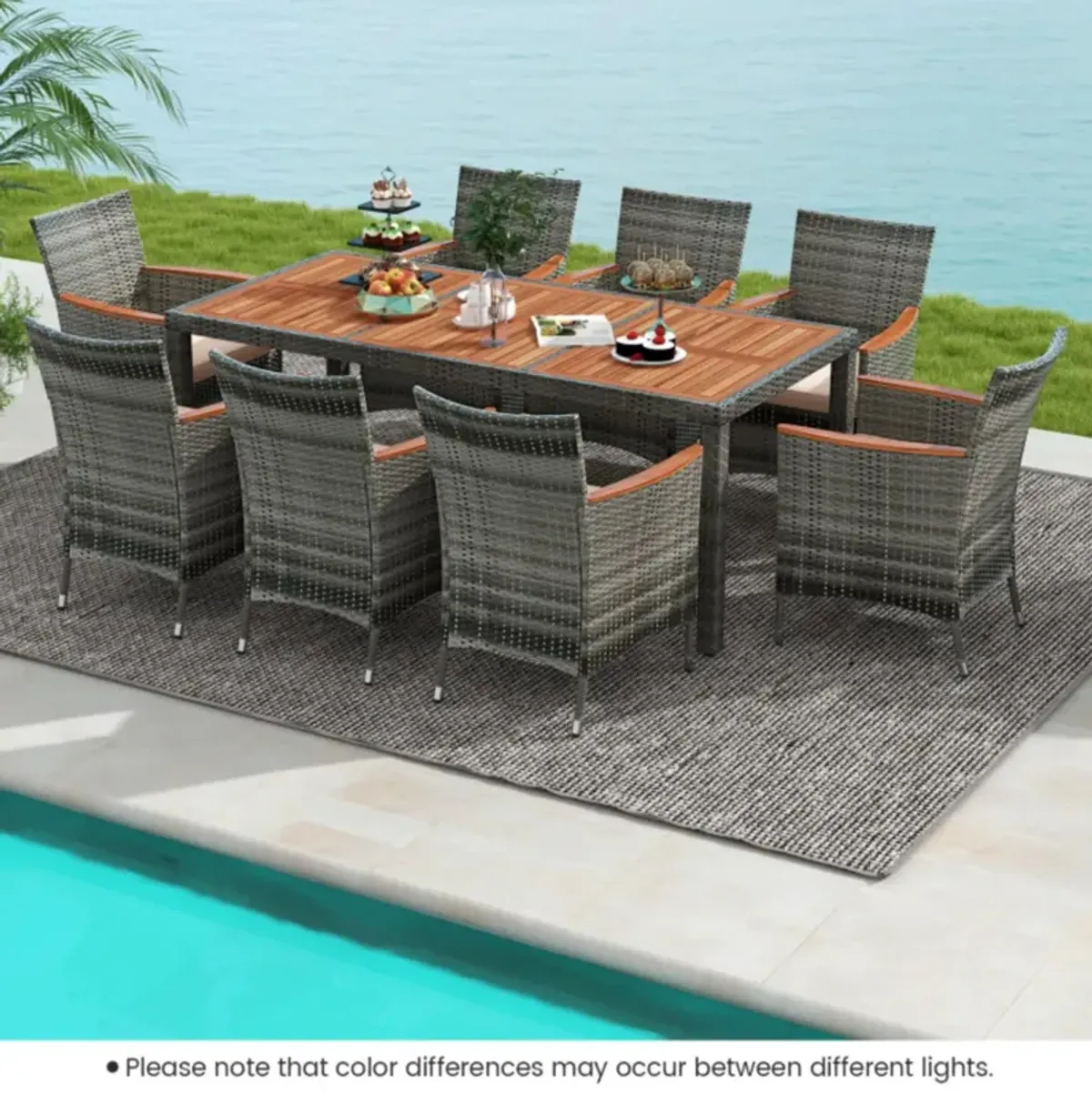 Hivvago 9 Pieces Rattan Patio Dining Set with Acacia Wood Table and Cushioned Chair