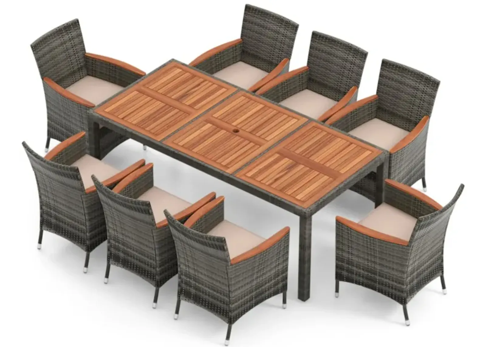 Hivvago 9 Pieces Rattan Patio Dining Set with Acacia Wood Table and Cushioned Chair