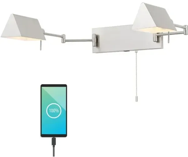 Arlo 54" 2-Light Farmhouse Industrial Double Swing Arm Iron LED Wall Sconce with Pull-Chain USB Charging Port