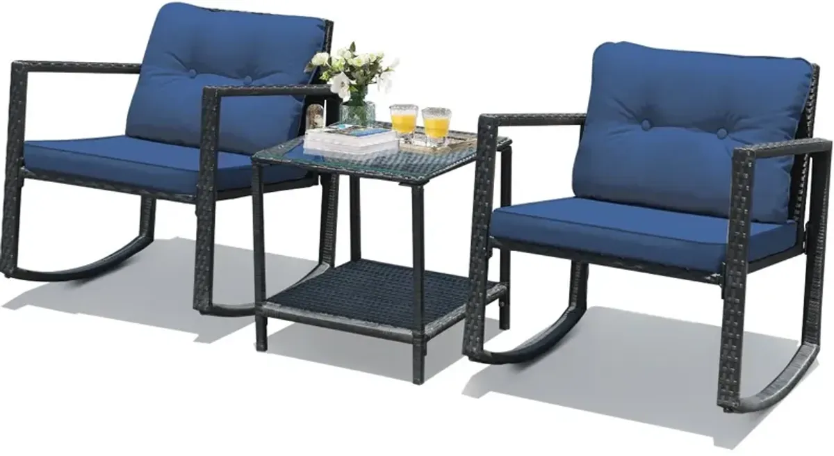 3 Pieces Cushioned Patio Rattan Set with Rocking Chair and Table