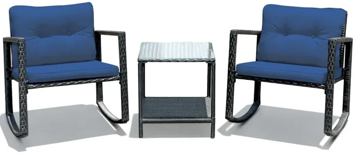 3 Pieces Cushioned Patio Rattan Set with Rocking Chair and Table