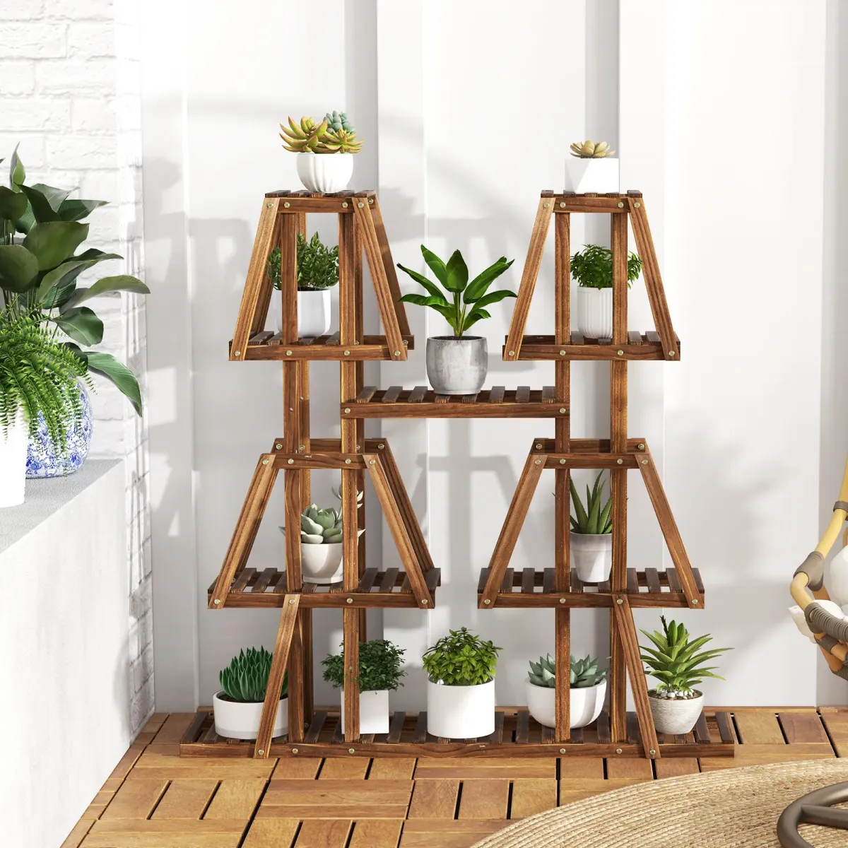 Brown 5-Tier 10 Potted Wood Plant Stand for Multiple Plants