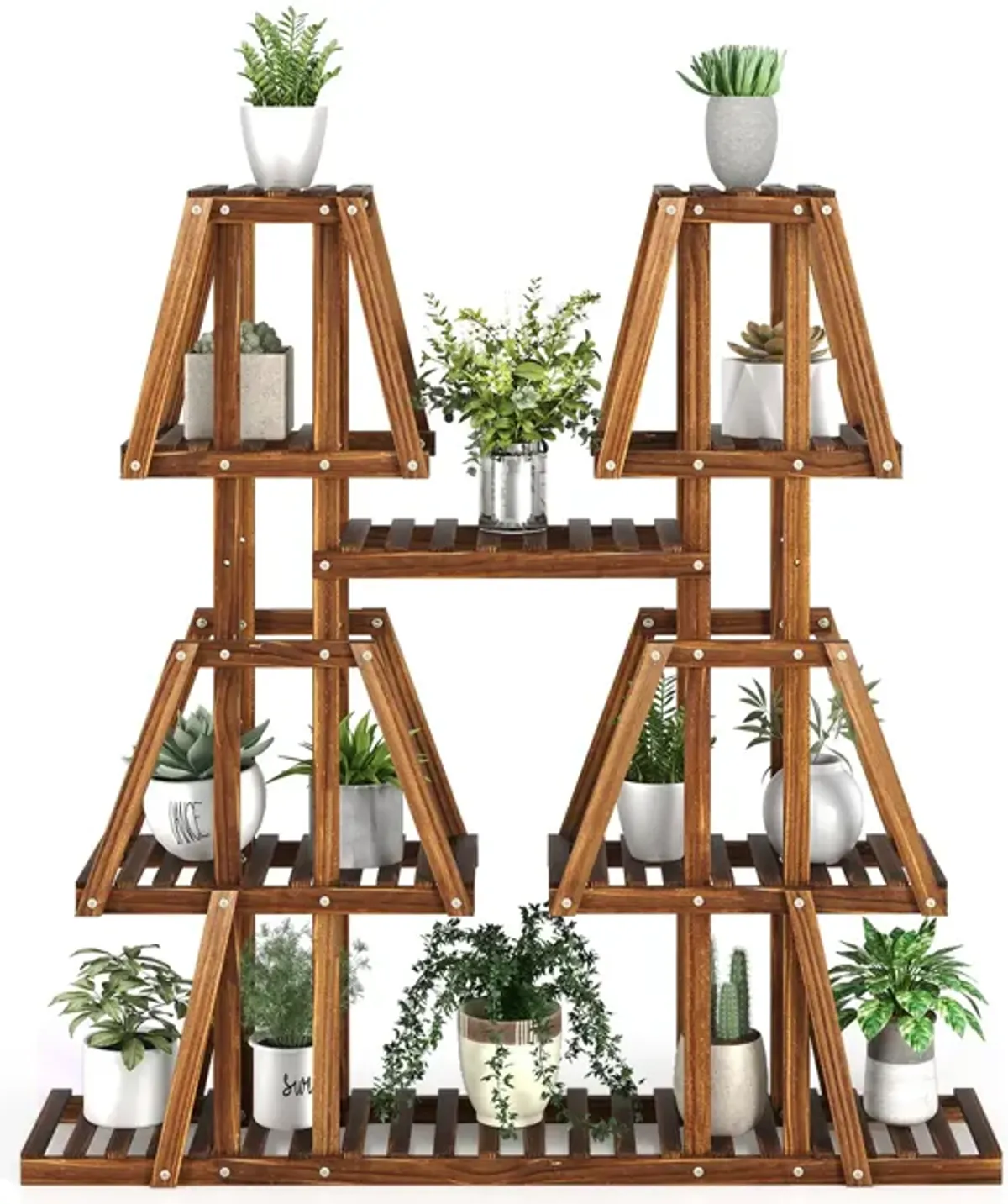 Brown 5-Tier 10 Potted Wood Plant Stand for Multiple Plants