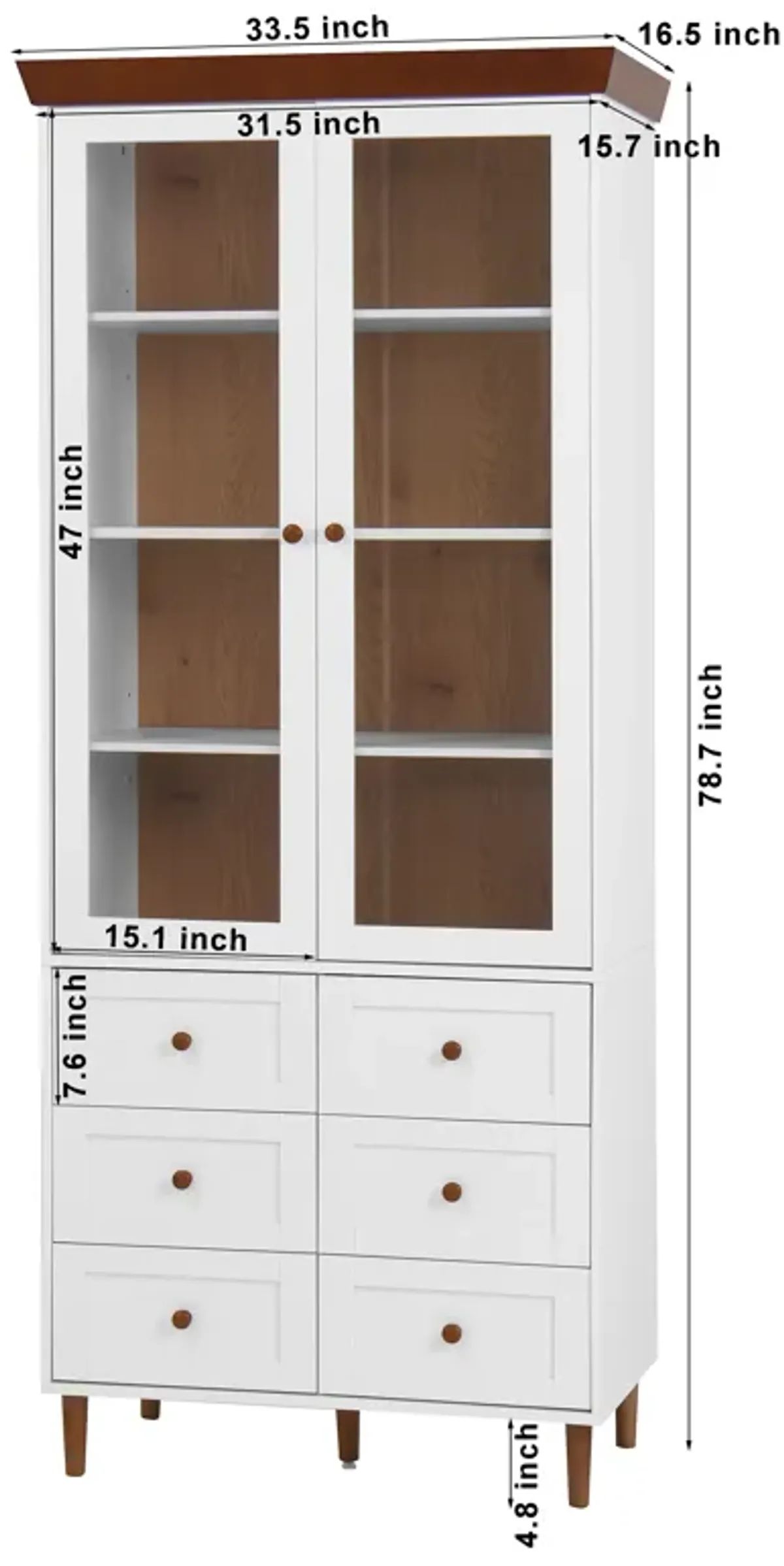 White MDF Display Storage Cabinet,Tall Kitchen Pantry Cabinets with Glass Doors and Adjustable Shelves,Freestanding Storage Cupboard for Kitchen, Living Room