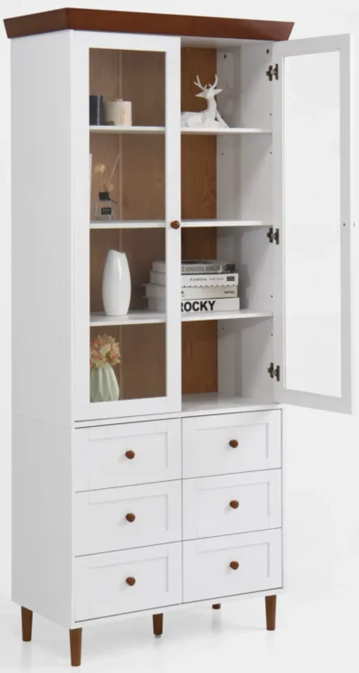 White MDF Display Storage Cabinet,Tall Kitchen Pantry Cabinets with Glass Doors and Adjustable Shelves,Freestanding Storage Cupboard for Kitchen, Living Room