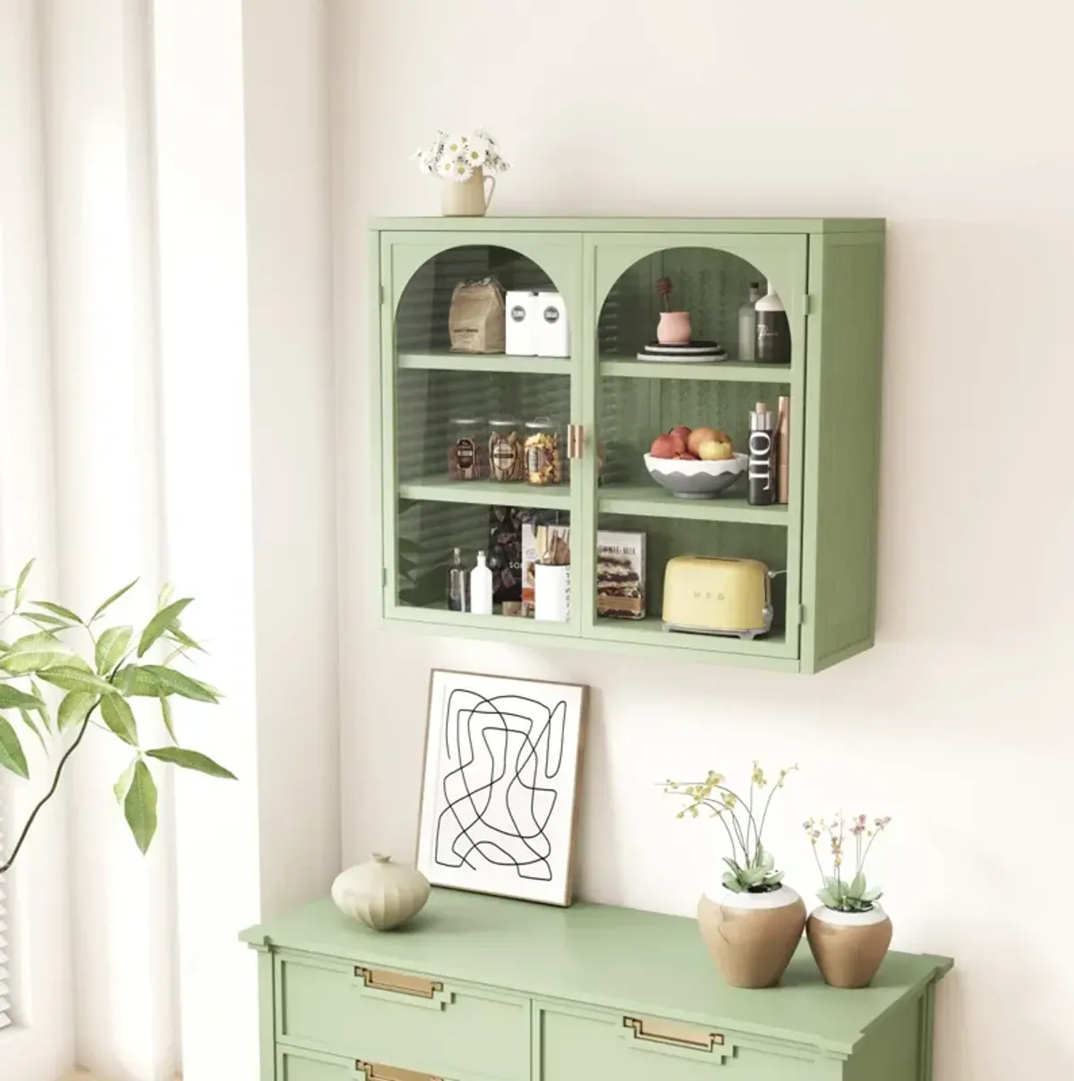 Modern Wall Cabinet with Woven Pattern Glass Doors