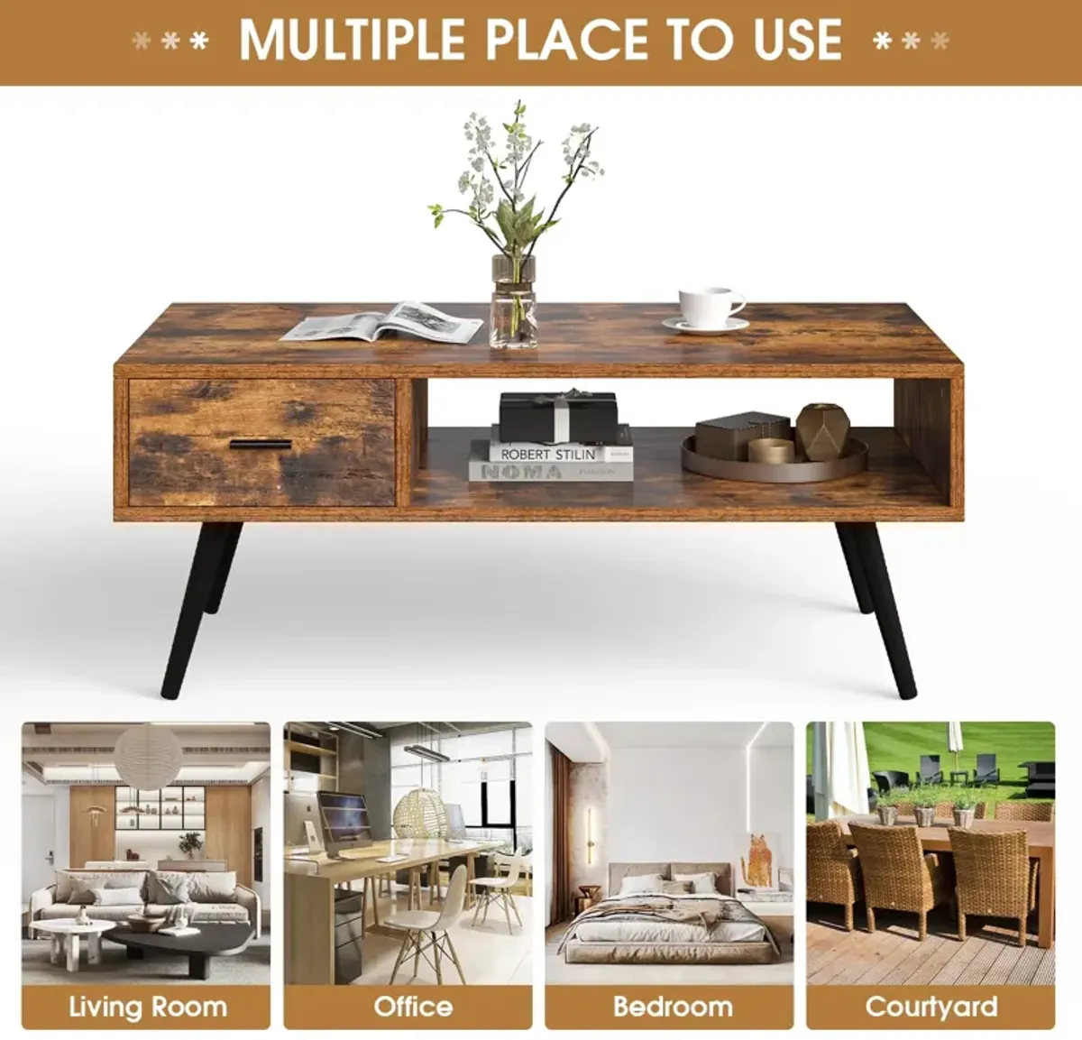 Retro Rectangular Coffee Table with Drawer and Storage Shelf-Rustic Brown