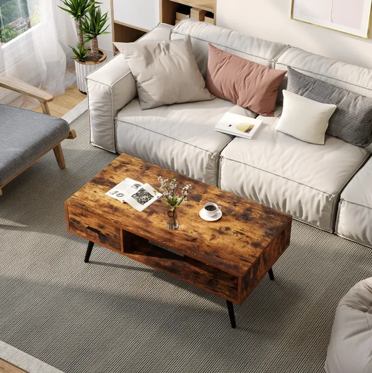 Retro Rectangular Coffee Table with Drawer and Storage Shelf-Rustic Brown