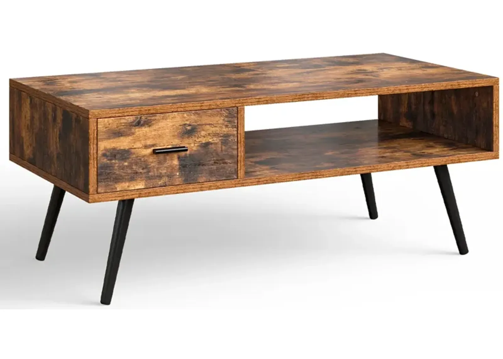 Retro Rectangular Coffee Table with Drawer and Storage Shelf-Rustic Brown