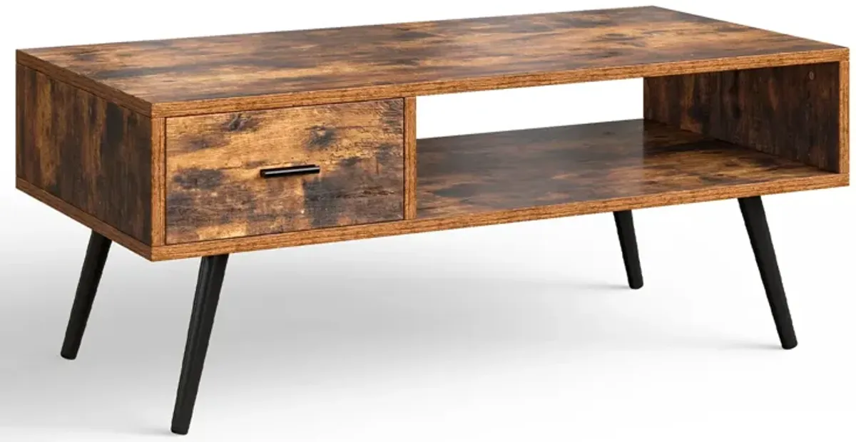 Retro Rectangular Coffee Table with Drawer and Storage Shelf-Rustic Brown