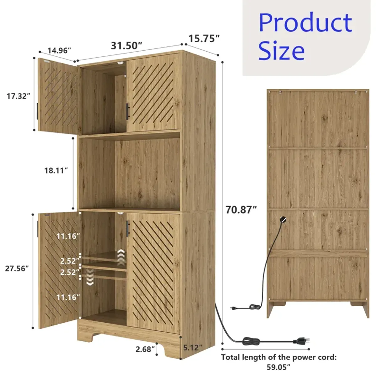 Ralexwimi 71" Pantry Cabinet, Kitchen Pantry Cabinet with Doors & Microwave Stand, Accent Tall Storage Cabinet, Coffee Bar Cabinet with Charging Station, Adjustable Shelf, for Dining Room